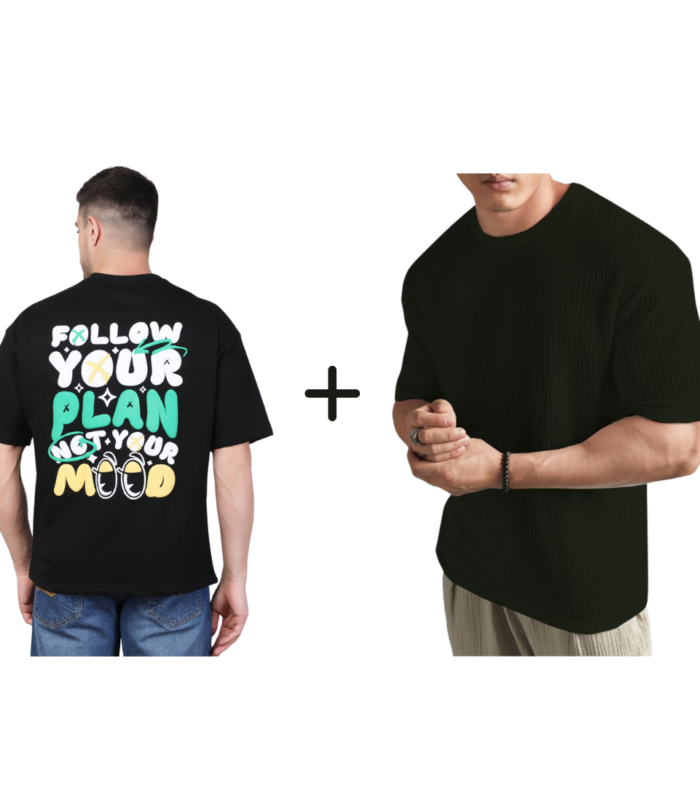 Combo T-shirts ( Follow Your Plan – Not Your Mood + Black Polyester Blend Oversized Fit Men’s T-Shirt )