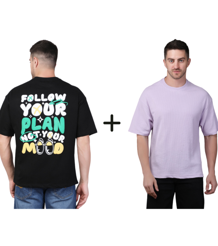 Combo T-shirts ( Follow Your Plan – Not Your Mood + Lavender Polyester Blend Oversized Fit Men’s T-Shirt )